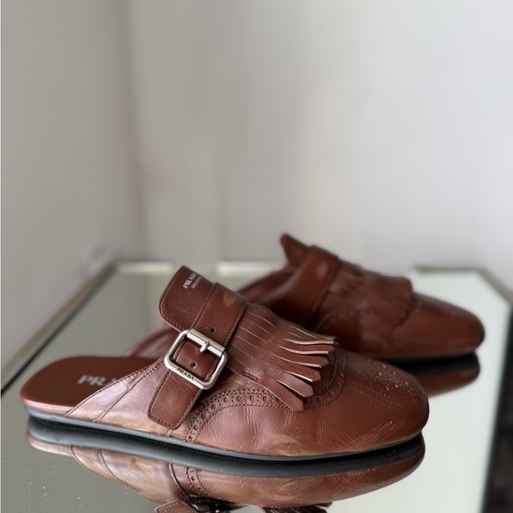 Worn once PRADA Brown Leather Fringed Shuffle Mules $1,250 41 - Picture 7 of 13